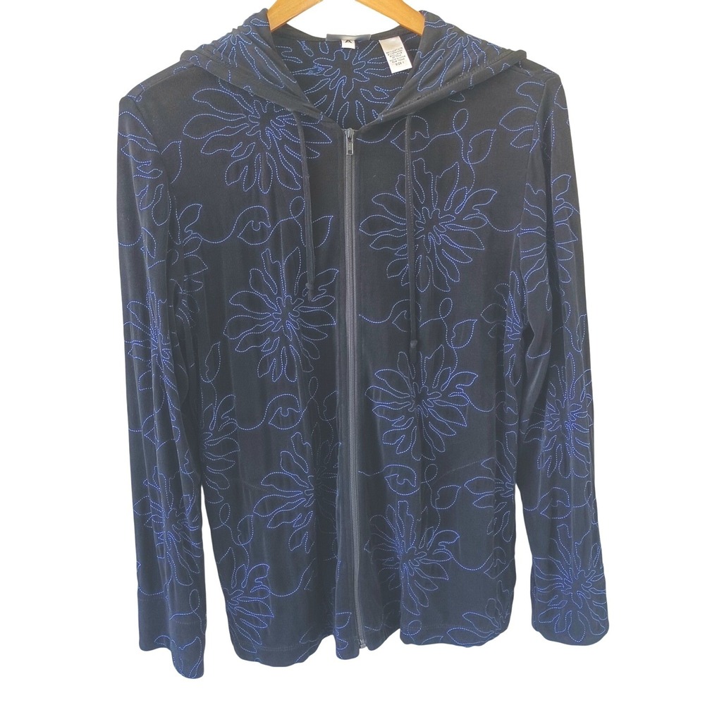 Chico's Travelers Womens Size 1 Black Blue Floral Embroidered Zip Hoodie Jacket